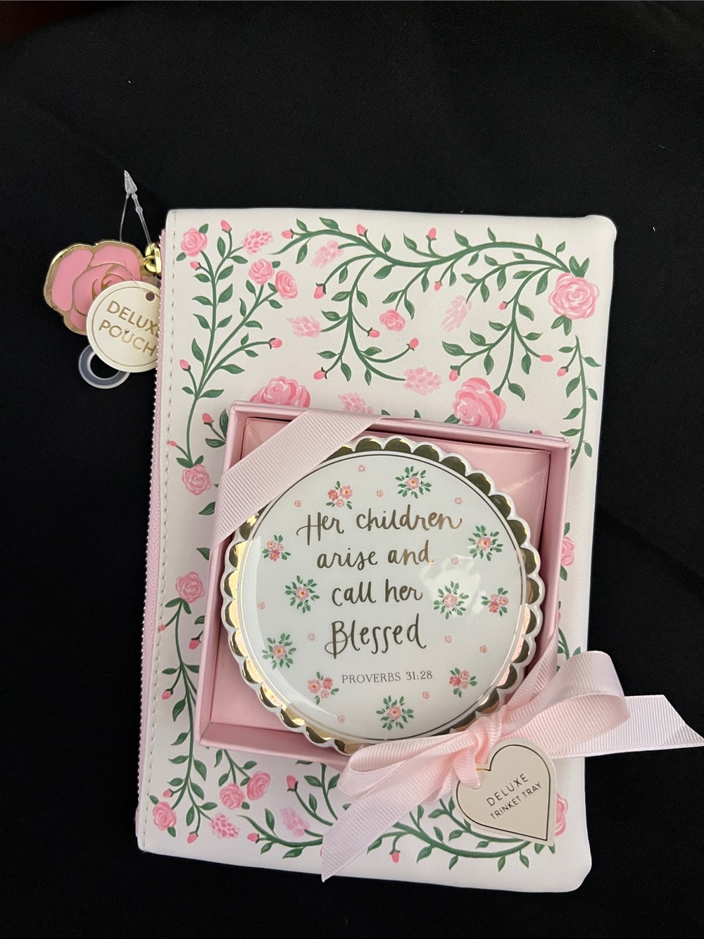 Bundle Rose Scripture Trinket Tray and Rose Print Pouch Set , Dove Brooch - Picture 2 of 6